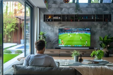 Wall Mural - Football or Soccer Tournament concept. A football in living room with TV open Live match