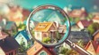 © Achmad Khoeron - house searching, colorful mini model homes being viewed through magnifying glass, 3d render illustration