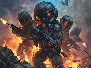 Chibi Mech Soldiers Engage in Futuristic Sci-Fi Battle Amid Raging Acid Rain and Explosive Chaos