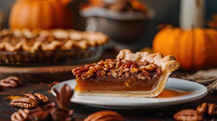 Delicious slice of pecan pie with rich filling and crunchy nuts, perfect for fall gatherings and festive celebrations.