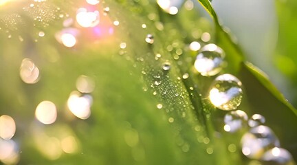 Wall Mural - Beautiful water drops sparkle in sun on leaf in sunlight, macro. Big droplet of morning dew outdoor, beautiful round bokeh