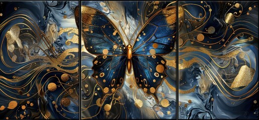 abstract art, butterfly with dark blue and gold wings on the background of flowing waves and circles in marble texture, golden accents.