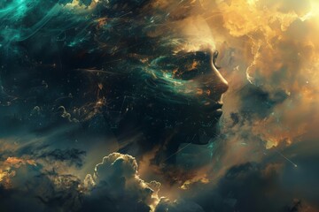 Wall Mural - digital artwork of cosmic face blending seamlessly with vibrant, stormy clouds, symbolizing fusion o