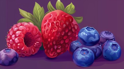 Create an image in the fashionable procreate style flat, raspberries, strawberries, blueberries. copy space for text.