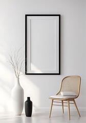 Wall Mural - Wooden frame mockup close up standing near chair and vase in interior, 3d render