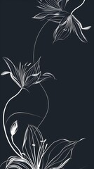 Wall Mural - A minimalist floral design with white outlines of flowers and leaves against a dark background, wallpaper, card, copy space