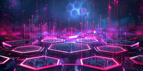 isolated hexagon hollogram platform, chemistry, UI, high tech,aspect ratio 2:1, banner, landing page, website background