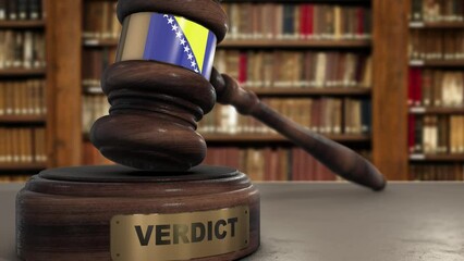 Wall Mural - Bosnia and Herzegovina Flag on Judge Gavel or Hammer in Court with Word Verdict. Judge Verdict, Law Concept