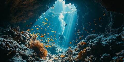 scuba drivers through tunnel under the ocean with fish and undersea life wonders around them as wide banner design with big copyspace area, Generative AI 