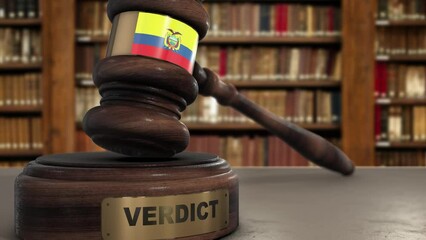 Wall Mural - Ecuador Flag on Judge Gavel or Hammer in Court with Word Verdict. Judge Verdict, Law Concept