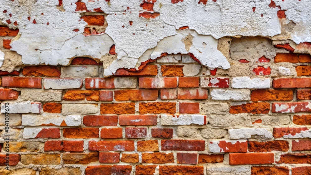 Weathered brick wall texture with white shabby stucco, plaster, and ...