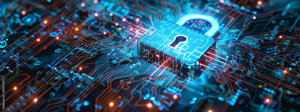 HELPED, a futuristic digital padlock icon surrounded by glowing blue ...