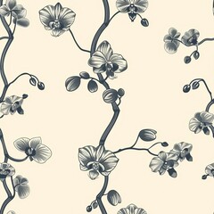 Wall Mural - A line art representation of an orchid plant, highlighting its exotic flowers with intricate details on the petals, stems, and aerial roots. Minimal pattern banner wallpaper, simple background,