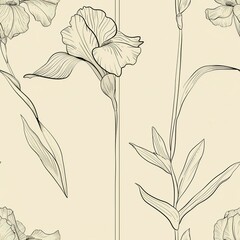 Wall Mural - A line drawing of a single iris flower, with its intricate petal structure and gracefully arching leaves, emphasizing the flower's unique form. Minimal pattern banner wallpaper, simple background,