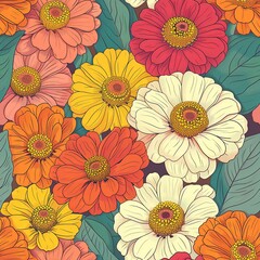 Wall Mural - A line illustration of a bouquet of zinnias, with their vibrant, layered petals and broad leaves, each flower rendered with fine lines to capture their texture. Minimal pattern banner wallpaper,