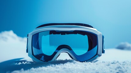 Blue and white ski goggles on the snow close up. Winter sports equipment.