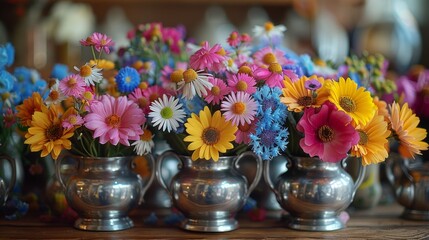 Artificial flowers in a silver vase. Add a touch of beauty to your home with our lifelike artificial flowers.