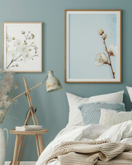 A minimalist children's room art mockup photo featuring two picture frames with 2:3 ratio images, showcasing light, white, and teal colors. AI generative technology adds a creative touch.