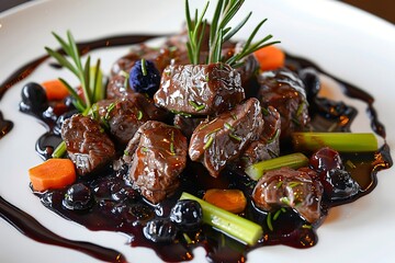 Wall Mural - A plate of meat and vegetables close up