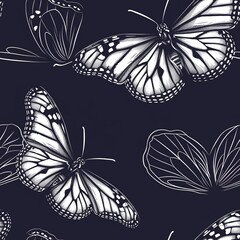 Wall Mural - Detailed line drawing of a majestic monarch butterfly, showcasing its intricate wing patterns and delicate antennae. Minimal pattern banner wallpaper, simple background, Seamless,