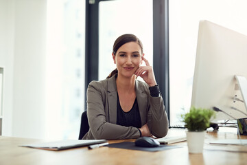 Wall Mural - Computer, thinking and portrait of business woman with idea, planning or inspiration in office. Face, financial consultant and professional entrepreneur, employee and worker in Germany for career