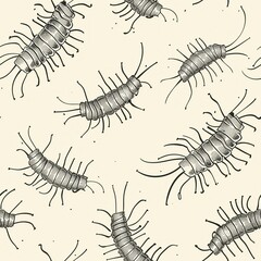 Wall Mural - Detailed line drawing of a centipede, capturing its numerous legs, segmented body, and antennae. Minimal pattern banner wallpaper, simple background, Seamless,