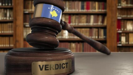 Wall Mural - Kosovo Flag on Judge Gavel or Hammer in Court with Word Verdict. Judge Verdict, Law Concept