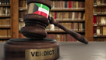 Wall Mural - Kuwait Flag on Judge Gavel or Hammer in Court with Word Verdict. Judge Verdict, Law Concept