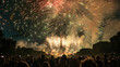 © Preecha - Crowd gathered to watch a spectacular Bastille Day fireworks display with iconic landmarks in the background