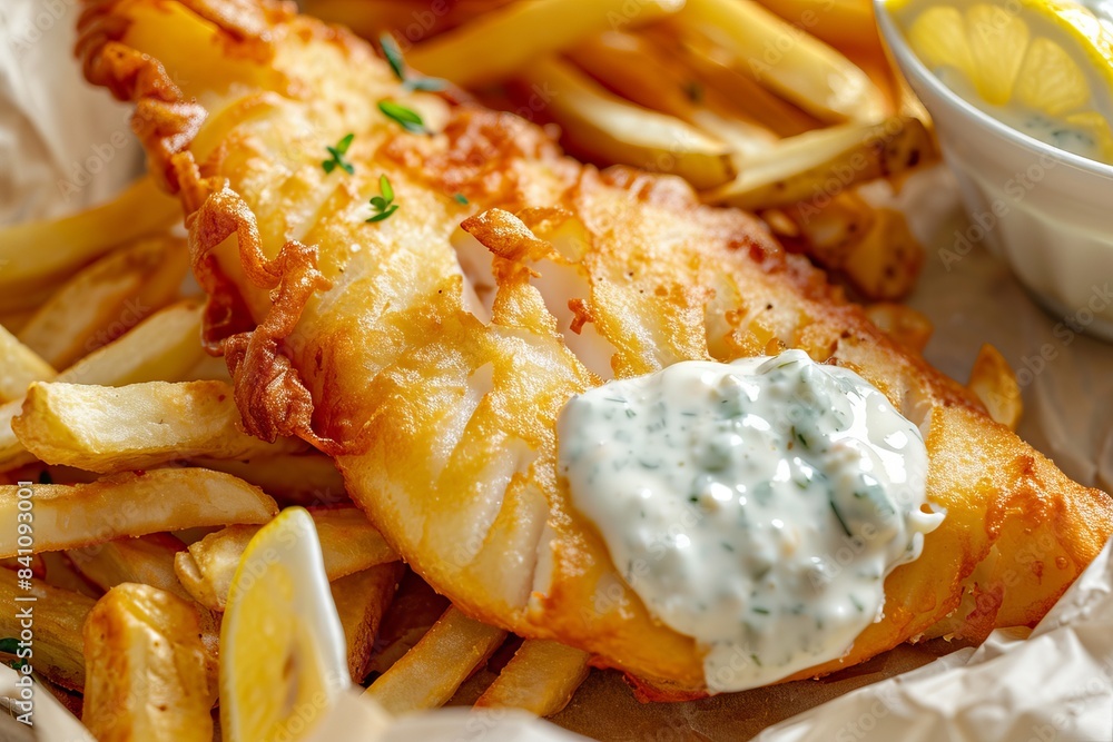 Fried fish and chips with tartar sauce, close up on the fish, British ...