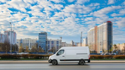 A white van is driving down a city street