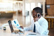 © Nikish Hiraman/peopleimages.com - Business, phone call or black man with chart, documents or laptop for planning with b2b client communication. Fintech, investment or financial advisor with sales profit conversation, review or advice