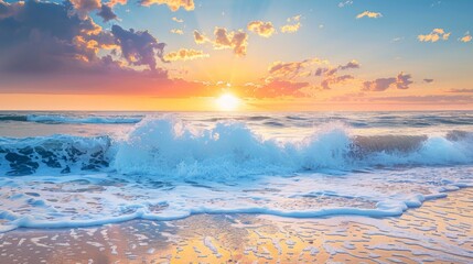 Wall Mural - waves hitting the beach at sunset, website banner and background