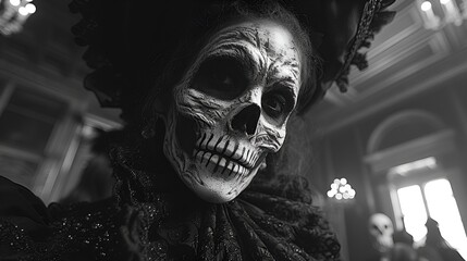 Wall Mural - Monster’s Ball - Halloween costume party - spooky - scary - retro vibe - classical feel - black and white photo - retro style - skeleton - skull
