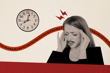 Sticker - Composite artwork collage image picture of black white effect girl headache bla blah clock isolated on creative background