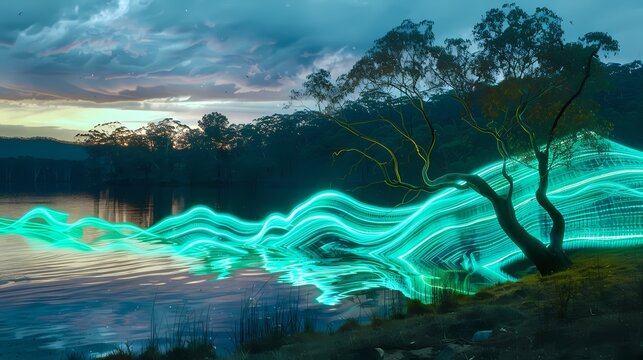 light sculptures color waves near a lake with a tree behind landscape illustration poster background