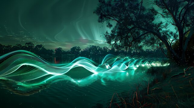 light sculptures color waves near a lake with a tree behind landscape illustration poster background