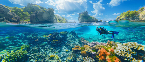 An adventurous diver is seen exploring the pristine waters and colorful coral formations of Okinawa, vividly depicted in this underwater scene using AI generative.