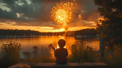 Wall Mural - July 4th - Independence Day celebration - young boy waving an American flag while watching fireworks over a lake - natural light - patriotism 