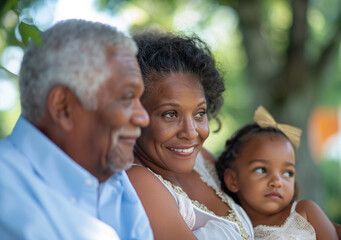 A close-up photo of a joyful older couple and their young granddaughter, smiling and enjoying a moment together outdoors.
