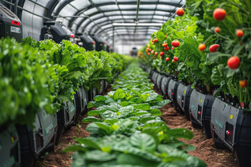 Poster - A greenhouse filled with plants and vegetables, including tomatoes and lettuce. The plants are growing in containers and are surrounded by a clear plastic covering