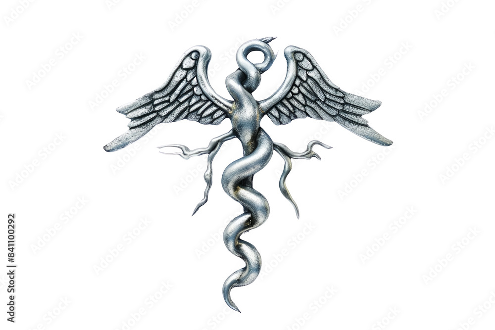 Silver medical caduceus symbol with wings and serpents, representing ...