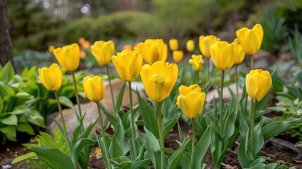 Poster - Blooms of yellow tulips grace the garden