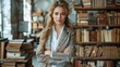 © VISUAL BACKGROUND - A beautiful woman standing in front of bookshelves.