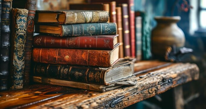 wide banner of old vintage library stack of antique books on old wooden table in fantasy medieval period with copyspace - Generative AI 