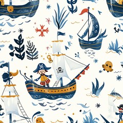 Wall Mural - A detailed illustration of a toy pirate ship sailing on imaginary seas, with a crew of brave adventurers ready for swashbuckling fun. Minimal pattern banner wallpaper, simple background, Seamless,