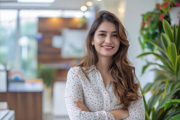 Wall Mural - A smiling woman standing in an office.