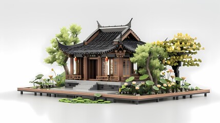 3d ancient traditional architectural mode illustration poster background