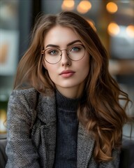 Wall Mural - A beautiful woman wearing glasses in a cafe.