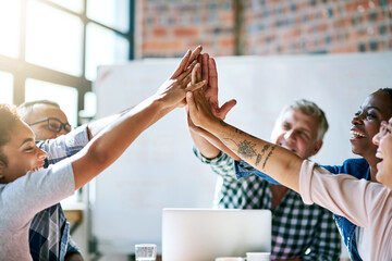 Canvas Print - Business people, high five and excited at meeting, celebration and connection in support with diversity. Men, woman and solidarity in scrum with teamwork, synergy and link with motivation at startup